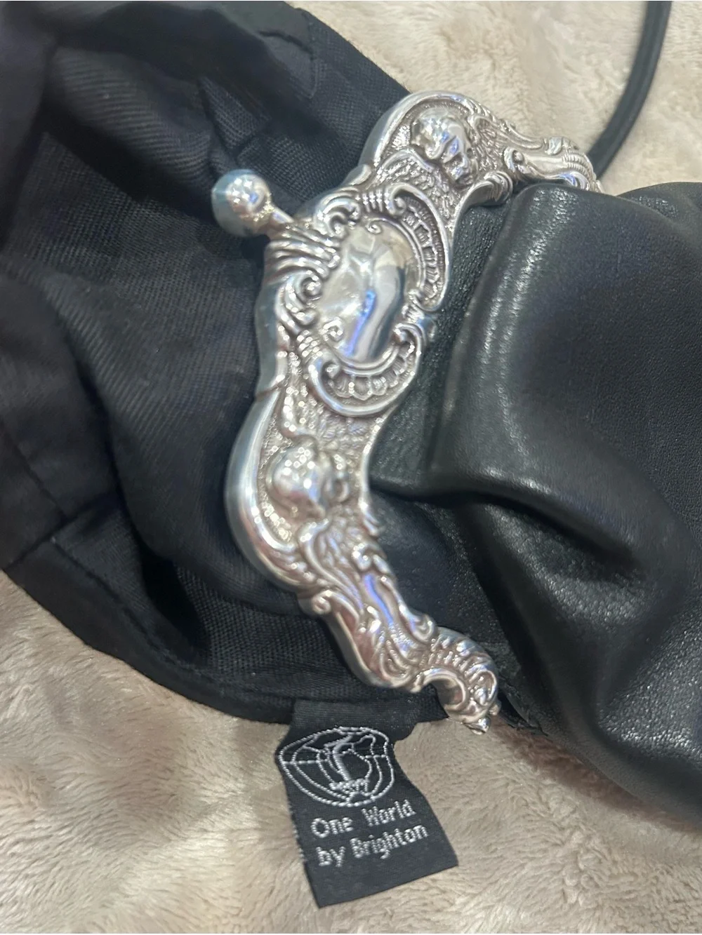 Brighton Black Leather Crossbody with Ornate Silver Frame and Charm
